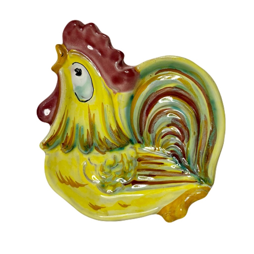 Vintage Italian Majolica Rooster Dish Plate, Hand Painted J.W. Co. Italy 76/56